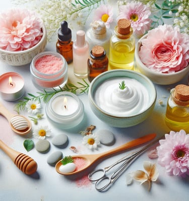 Homemade cream in bowl with candles in small glass jars