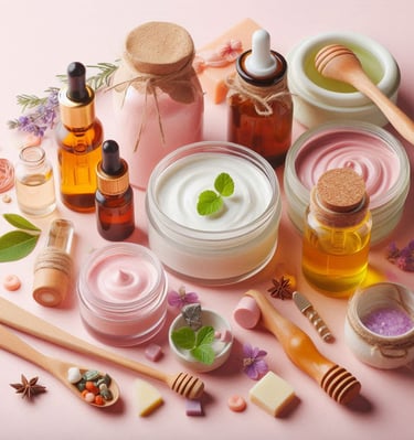Homemade creams in bowls with essential oil bottles