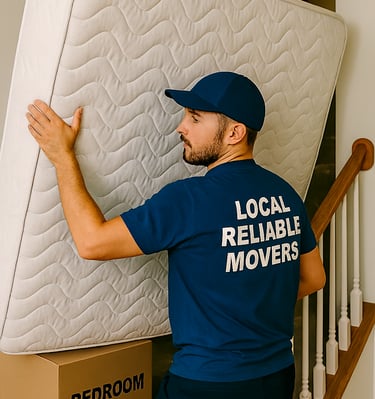 a man in a blue shirt is moving a mattress