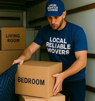 a man in a blue shirt is moving boxes