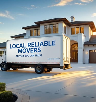 a moving company moving truck parked in front of a house