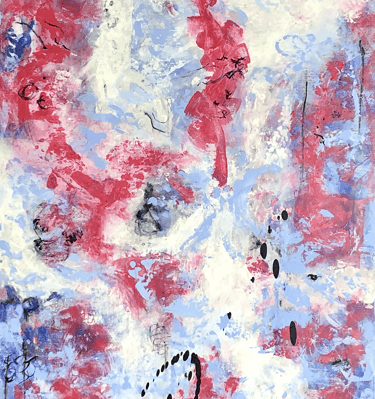 Painting in redviolet and lavender blue with white called Hasta la Vista