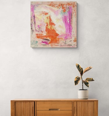 Painting called Cathalina in warm orangy and pink colors on wall above a wooden cabinet