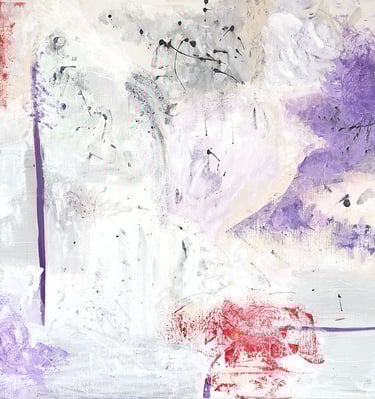 A photo of a white, grey and violet painting with some red marks