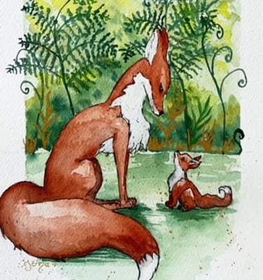 Maman renard et son bébé à l’aquarelle