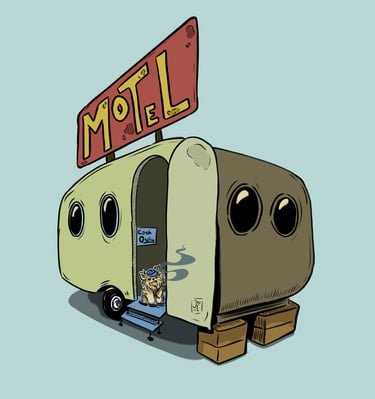 a trailer and a motel sign looking after by a dog