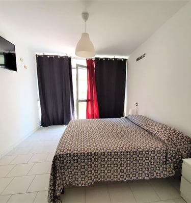 a bed room with a bed and a television
