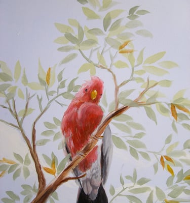 A ceiling mural showing a cockatoo sitting on a leafy branch looking down