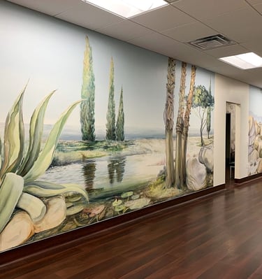 Ultra wide angle showing both murals and their environments.