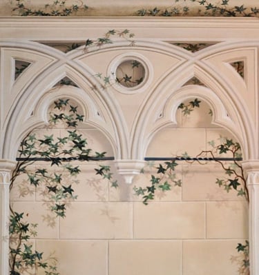 Hand-painted trompe l’oeil mural detail featuring a Gothic sandstone arch, textured wall, and ivy.