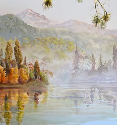 Close-up of New Zealand-inspired mural with foggy lake, peninsula, and misty mountains.