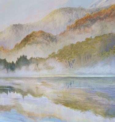 Close-up of a New Zealand mural depicting a foggy lake surrounded by thickly forested mountains. 