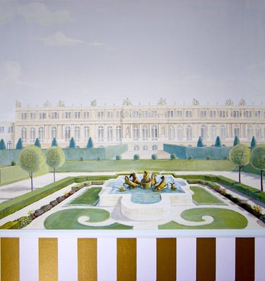 a hand painted mural of the Versailles Castle with beautiful gardens and a fountain