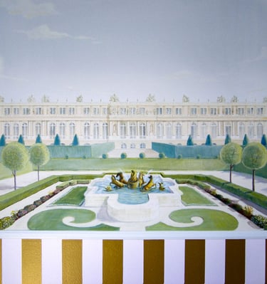 Kid's mural of Versailles, manicured gardens and a pink and gold striped dado.