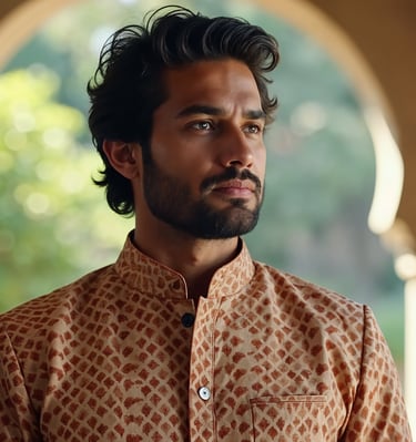 Contemporary block print on natural linen fabric for Mens festive Kurta