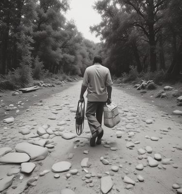 A close-up shot of a bicycle with a cardboard sign attached to the back. The sign has a handwritten message that reads: 'Holes in our spirit cause in tears + fears one-sided stories, for years. Take the power.' The legs of a person in shorts are visible in the background.