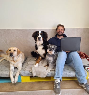 cuidador canino con los perros de una guardería canina en Madrid