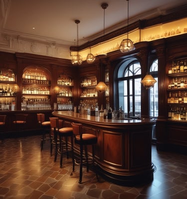 An upscale restaurant interior with a large elegant chandelier at the center, surrounded by lush greenery and people dining at various tables. The space features contemporary architecture with high ceilings and large windows. Shelves with bottles and decor line the walls, and the lighting creates a warm, inviting ambience.