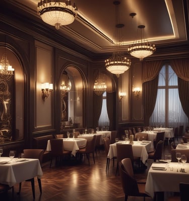 An outdoor rooftop dining area is bustling with people seated at tables, enjoying food and drinks. The setting is modern and vibrant, featuring decorative plants and overhead fans. In the background, a large suspension bridge spans over a river, surrounded by greenery and a partly cloudy sky.
