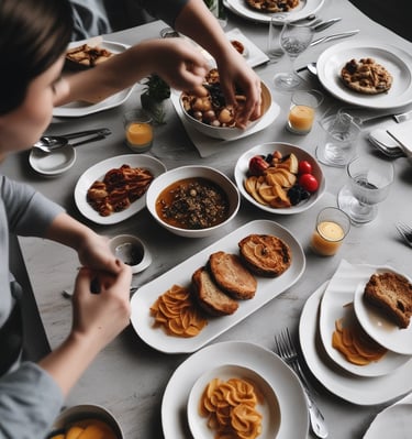 A close-up of a delicious meal featuring a bowl of sautéed tofu with cherry tomatoes and garnished with sesame seeds and fresh herbs. In the background, there is a platter with a variety of cheeses and fruits, while a glass of orange juice is placed on the right, enhancing the dining ambiance.