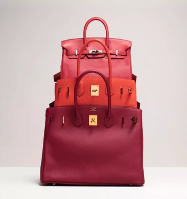 Stacked red and orange luxury Hermes birkin handbags showcasing premium leather craftsmanship.