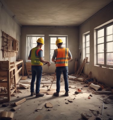 People are working on the interior renovation of a room that appears to be under construction. A worker on a scaffold is painting the ceiling, while others are seated or discussing the progress. The room has smooth, gray walls with arched recesses and a modern design vibe. There are tools and materials scattered around, including a ladder, paint cans, and some rocks or construction debris on the floor. Overhead, stylish pendant lights provide illumination as natural light streams in from windows.