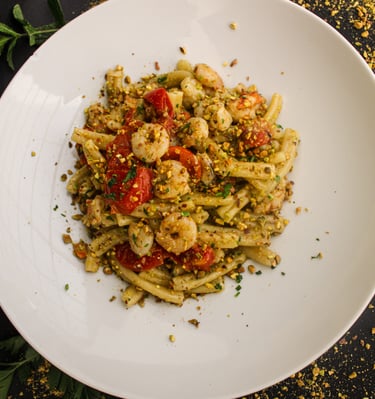 Caserecce gambero, pesto di pistacchio e gamberi a Torino