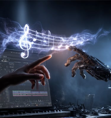 „Symbolbild für KI-Musik: Mensch und künstliche Intelligenz komponieren gemeinsam ein Musikstück – Verbindung von Technologie