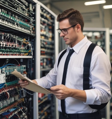 A person wearing a Guy Fawkes mask is positioned near a server rack filled with blue and green cables and illuminated lights. The individual is dressed in a dark-colored suit and is close to the camera.
