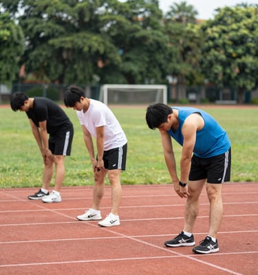 A casual group of men sharing a post-workout stretch session in a park.