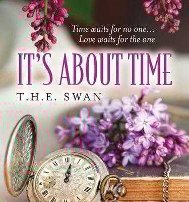 Book cover It's About Time by T.H.E. Swan featuring a vintage pocket watch and purple lilac flowers.