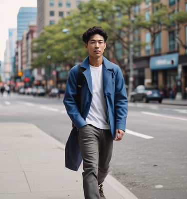 A casual outfit featuring keev’s layered tops with city skyscrapers blurred in the background.