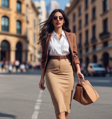 Model walking briskly through urban streets wearing keev’s latest collection.