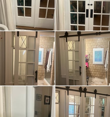 A collage showing a white interior barn door installation with black hardware and glass panes.