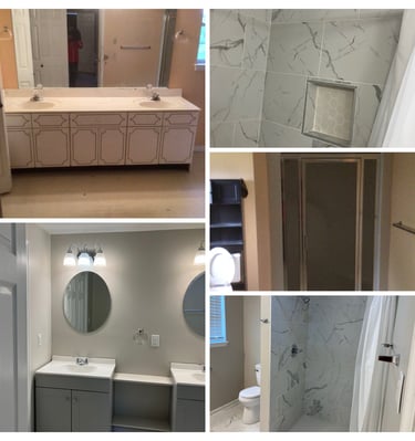 Before and after bathroom remodel featuring a modern double vanity and marble walk-in shower tile.