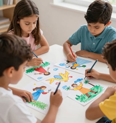Children gathered around a teacher during Sunday school activities.