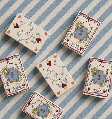 Custom wedding favor boxes with hearts and celestial designs on a blue striped background.