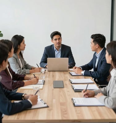 A team of engineers discussing procurement plans in a conference room.