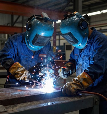 Close-up of engineering blueprints and tools spread out on a workbench.