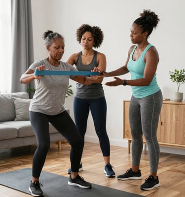 A personal trainer guiding a client through exercises using resistance bands at home.