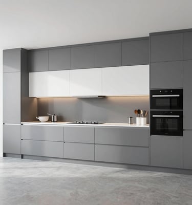 A sleek modern kitchen with pristine marble countertops and subtle warm lighting