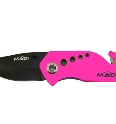 MADI pink folding pocket knife with black blade, seatbelt cutter, and glass breaker.