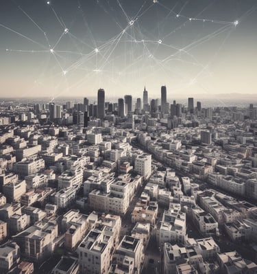 Cityscape of Algiers with digital network overlay symbolizing connectivity.