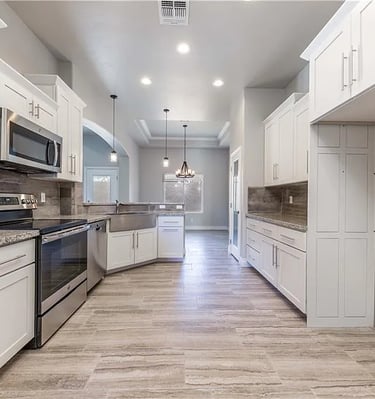 A kitchen with white cabinets of a custom home