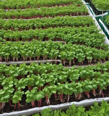Close-up of fresh radish microgreens with morning dew on leaves.