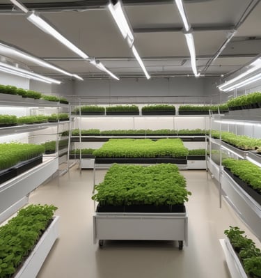Sunlit greenhouse rows with trays of growing sunflower microgreens.