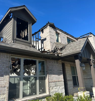 lightning strike fire damaged roof and gable Sunnyvale TX - Irvin Restoration fire damage rebuild