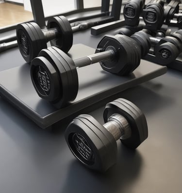 Close-up of a sleek dumbbell set with textured grips on a gym floor.