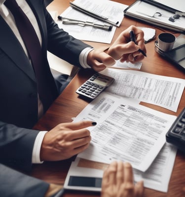 An accountant working on a laptop with financial documents.