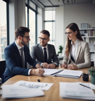 A modern office space showcasing a collaborative work environment.